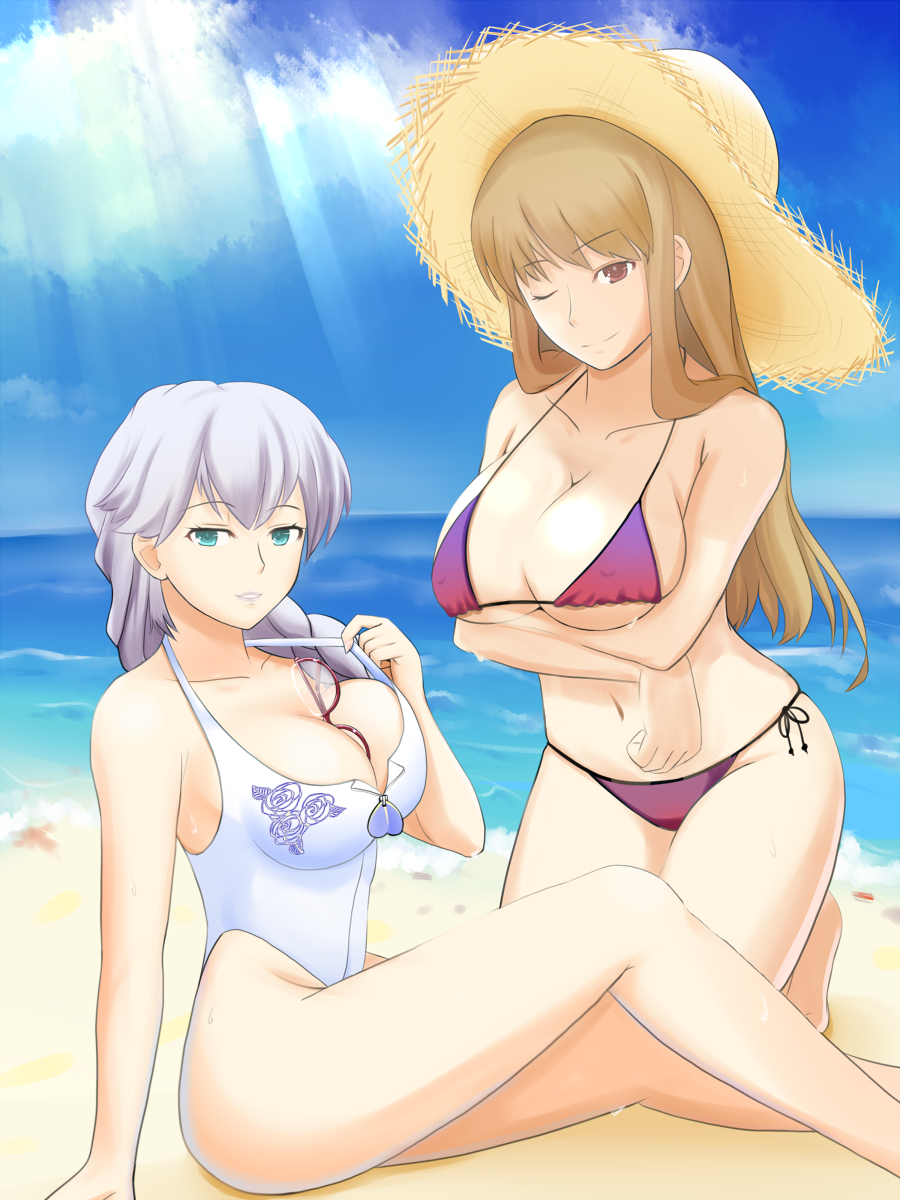 ar_tonelico ar_tonelico_i ar_tonelico_ii battlegaregga beach between_breasts bikini breast_hold breasts brown_eyes brown_hair casual_one-piece_swimsuit cleavage cloud crossed_arms duo female glasses glasses_removed gust hat highleg highleg_swimsuit highres large_breasts legs long_hair long_legs ocean one-piece_swimsuit reisha_truelywaath side-tie_bikini silver_hair sky spica_neal straw_hat sun swimsuit thighs water wink