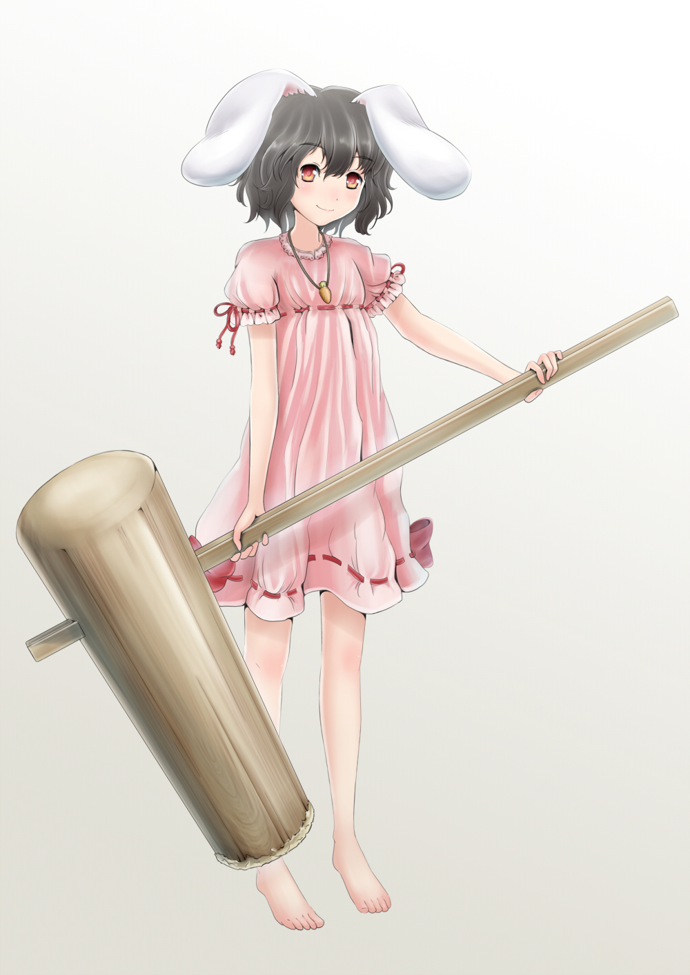 amano_myonta animal_ears barefoot black_hair bunny_ears carrot highres inaba_tewi jewelry mallet pendant red_eyes short_hair simple_background solo standing touhou