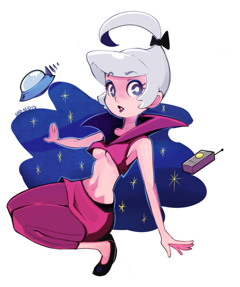 1girl bare_shoulders bow breasts capri_pants controller crop_top eyeliner flats hair_bow high_collar high_ponytail judy_jetson lipstick makeup midriff navel pants_under_skirt remote_control sho-n-d skirt solo the_jetsons ufo underboob violet_eyes white_hair