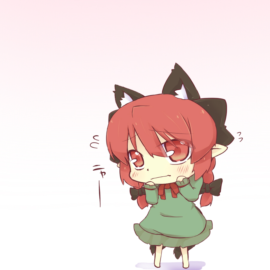 animal_ears blush_stickers bow bowtie braid cat_ears cat_tail chibi dress extra_ears hair_bow hazuki_ruu kaenbyou_rin multiple_tails red_eyes red_hair redhead shadow simple_background solo tail touhou