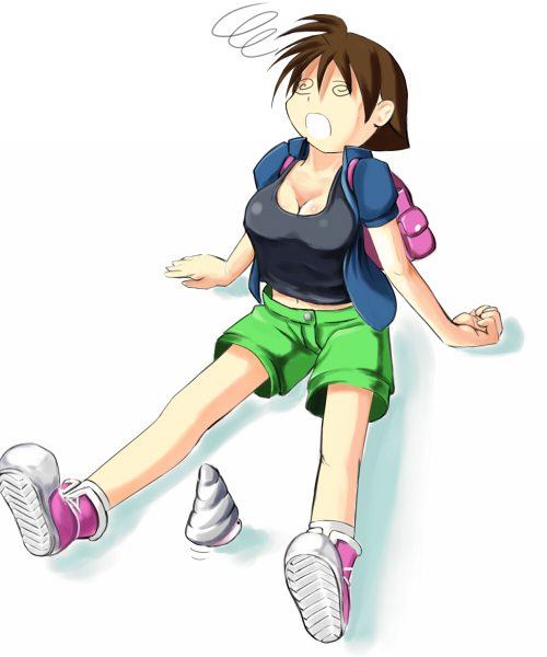 1girl @_@ backpack bag breasts brown_hair cleavage dazed large_breasts open_mouth seashell short_hair short_pants shorts simple_background sitting snail sneakers solo tank_top umihara_kawase umihara_kawase_(character) white_background