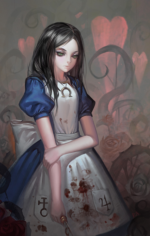 alice_(wonderland) alice_in_wonderland alphonse_(white_datura) american_mcgee's_alice american_mcgee's_alice apron arm_grab black_hair blood blood_on_clothes bloody_clothes blue_dress brown_hair dress duplicate flower green_eyes jewelry knife lips long_hair necklace pendant red_rose rose solo vines