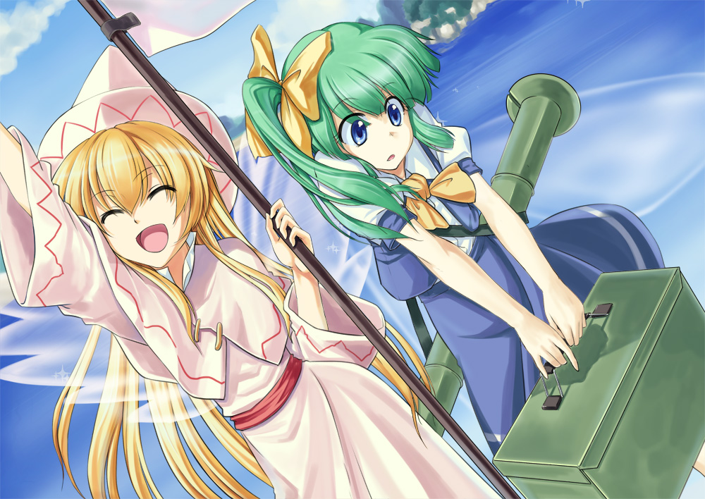 2girls :d arm_up baiken_(artist) bazooka blonde_hair blue_eyes bow capelet closed_eyes daiyousei dress eyes_closed flag green_hair hair_bow hat lily_white long_hair multiple_girls open_mouth sash side_ponytail smile touhou very_long_hair water weapon wings