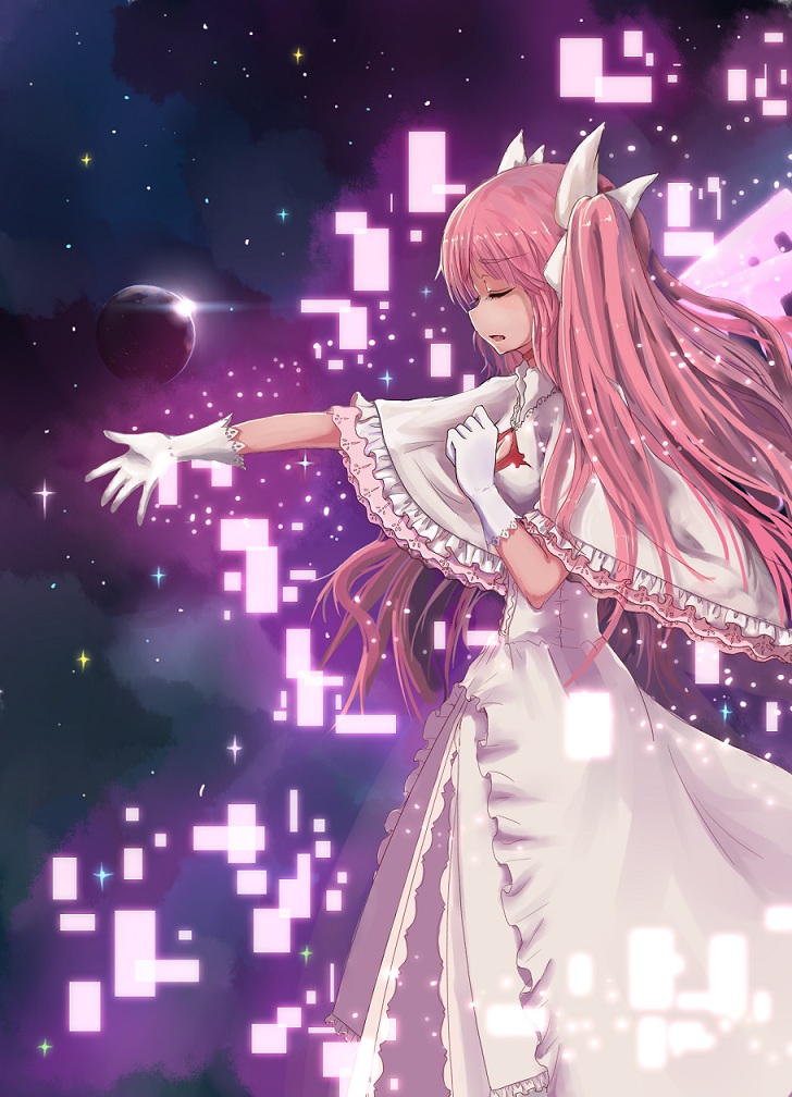 alternate_costume alternate_hairstyle bow breasts cleavage closed_eyes dress earth eyes_closed gloves goddess_madoka hair_bow kaname_madoka linsert long_hair mahou_shoujo_madoka_magica outstretched_hand pink_hair solo space spoilers ultimate_madoka