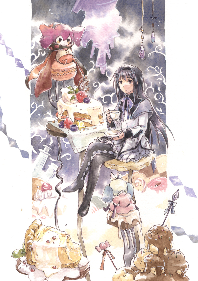 argyle argyle_legwear argyle_pantyhose black_hair black_legwear bow cake charlotte_(madoka_magica) crossed_legs cup food fork fruit hairband hoshikuzushi icing legs_crossed long_hair macaron magical_girl mahou_shoujo_madoka_magica pantyhose purple_eyes saucer sitting skirt sweets syringe teacup witch's_labyrinth witch's_labyrinth witch_(madoka_magica)