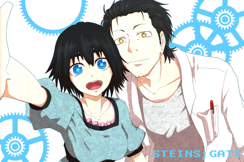 black_hair blue_eyes collarbone facial_hair gears labcoat okabe_rintarou open_mouth outstretched_arm pen shiina_mayuri short_hair smile steins;gate stubble yellow_eyes