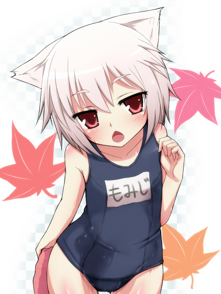 adjusting_swimsuit animal_ears blush inubashiri_momiji leaf maple_leaf negija one-piece_swimsuit open_mouth red_eyes school_swimsuit short_hair silver_hair solo swimsuit touhou translated wet wet_clothes white_hair wolf_ears