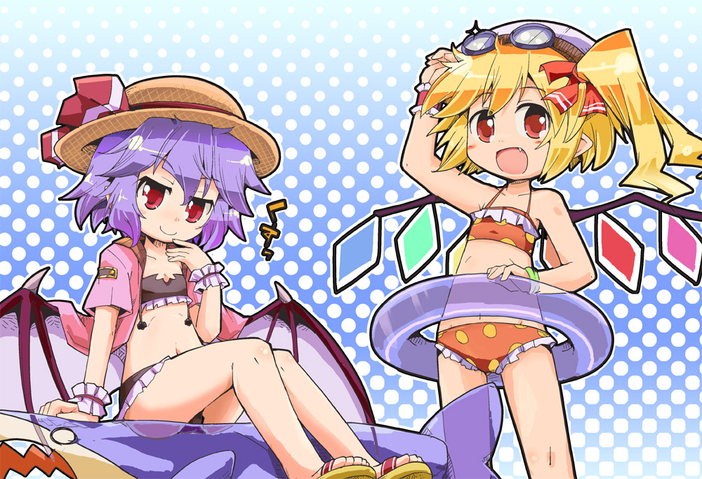 :d bare_legs bare_shoulders bikini blonde_hair child fang flandre_scarlet flat_chest flat_gaze goggles goggles_on_head gradient gradient_background hair_ribbon halftone halftone_background hat herada_mitsuru innertube lavender_hair midriff multiple_girls open_mouth pointy_ears red_eyes remilia_scarlet ribbon sandals shark short_hair siblings side_ponytail sisters sitting smile straw_hat swimsuit tareme touhou wings wrist_cuffs