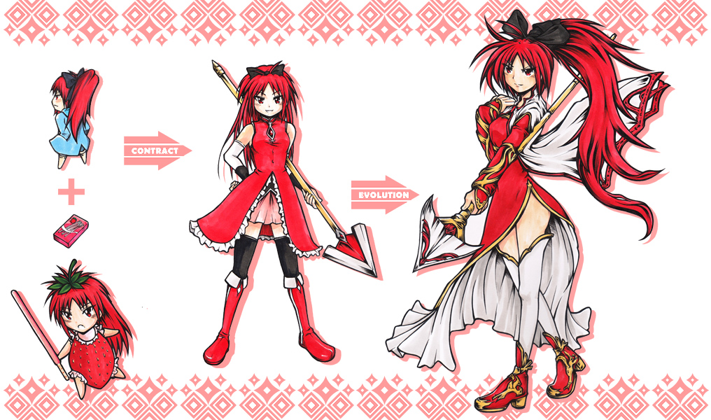 alternate_weapon boots bow costume evolution food fruit hair_bow long_hair mahou_shoujo_madoka_magica pocky polearm ponytail red_eyes red_hair redhead sakura_kyouko spear strawberry thighhighs uniwhale weapon