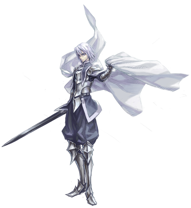 armor cape emanuel_(pixiv_fantasia) gauntlets greaves knight male meitei pixiv_fantasia pixiv_fantasia_5 solo sword weapon white_hair
