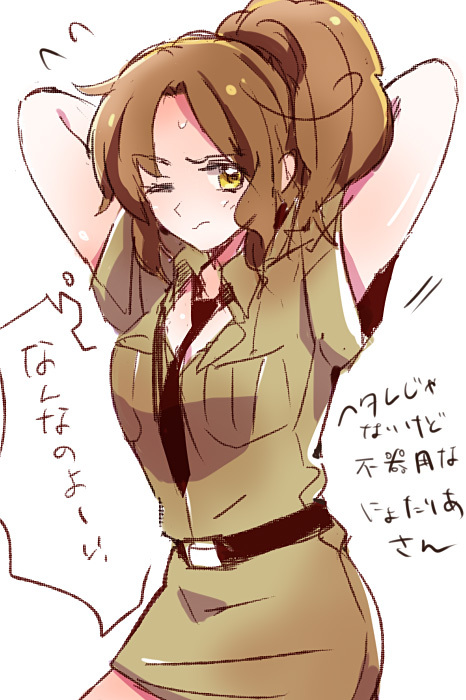 arms_behind_head arms_up axis_powers_hetalia bad_id blush brown_hair collar genderswap long_hair military military_uniform necktie northern_italy_(hetalia) ponytail r_(corolla) simple_background solo standing sweat text translation_request uniform wavy_hair white wink yellow_eyes