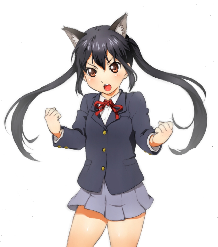 1girl animal_ears black_hair blazer brown_eyes cat_ears face k-on! long_hair nakano_azusa onsoku_maru open_mouth school_uniform simple_background skirt solo twintails