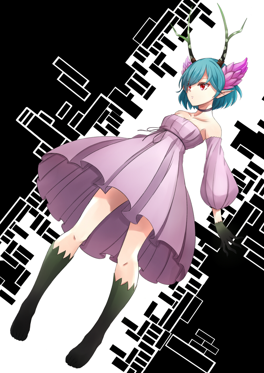 asya bare_shoulders blue_hair c_(control) c_the_money_of_soul_and_possibility_control dress gloves head_wings highres horns kneehighs legs pointy_ears q_(control) red_eyes short_hair solo