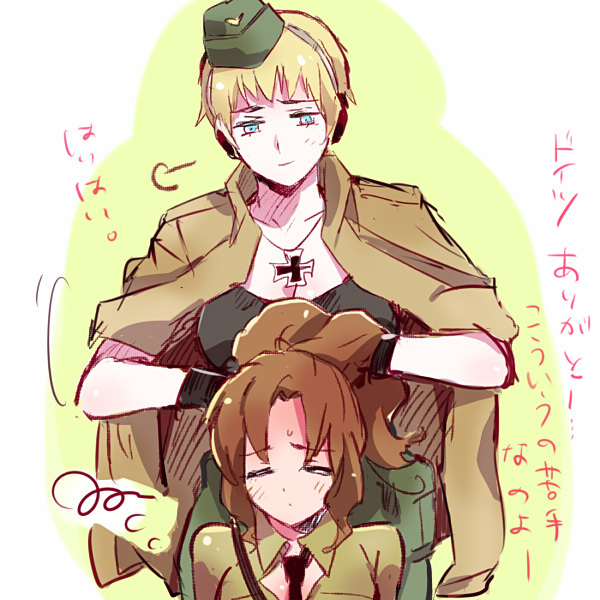 ahoge arms_up axis_powers_hetalia bad_id bangs blonde_hair blue_eyes brown_hair closed_eyes eyes_closed garrison_cap genderswap germany_(hetalia) gloves hand_in_hair hat headphones iron_cross jacket jewelry long_hair military military_uniform multiple_girls necklace necktie northern_italy_(hetalia) pants ponytail r_(corolla) short_hair sigh smile standing sweat text translation_request uniform wavy_hair