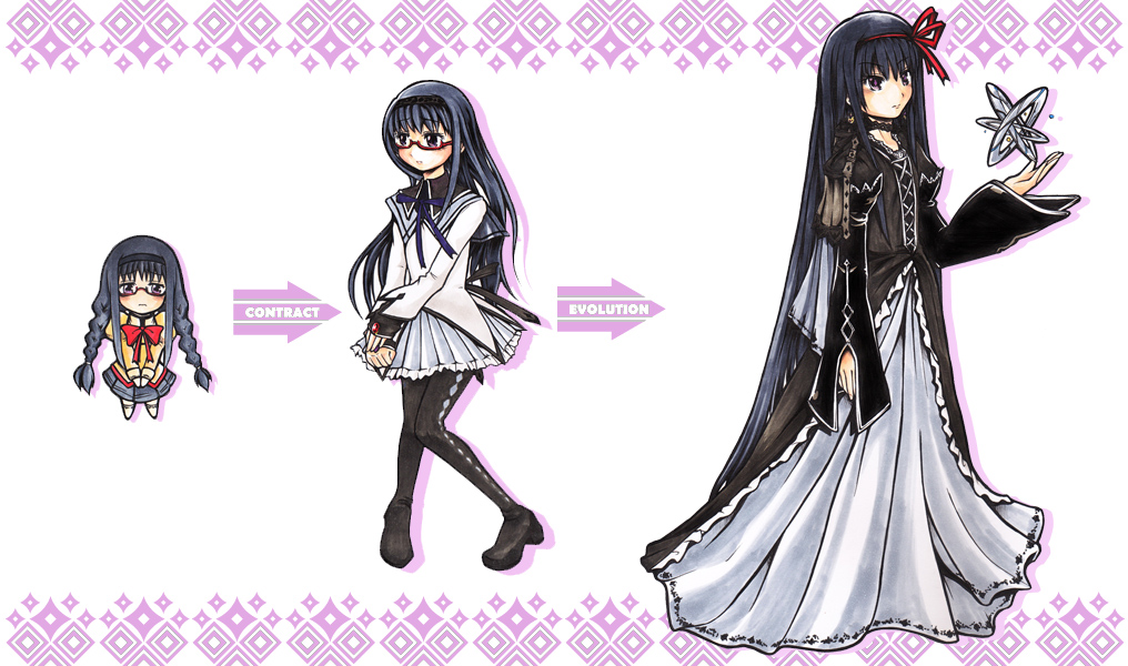 black_hair boots braid evolution glasses gown long_hair mahou_shoujo_madoka_magica pantyhose red-framed_glasses thigh_boots thighhighs twin_braids twintails uniform uniwhale