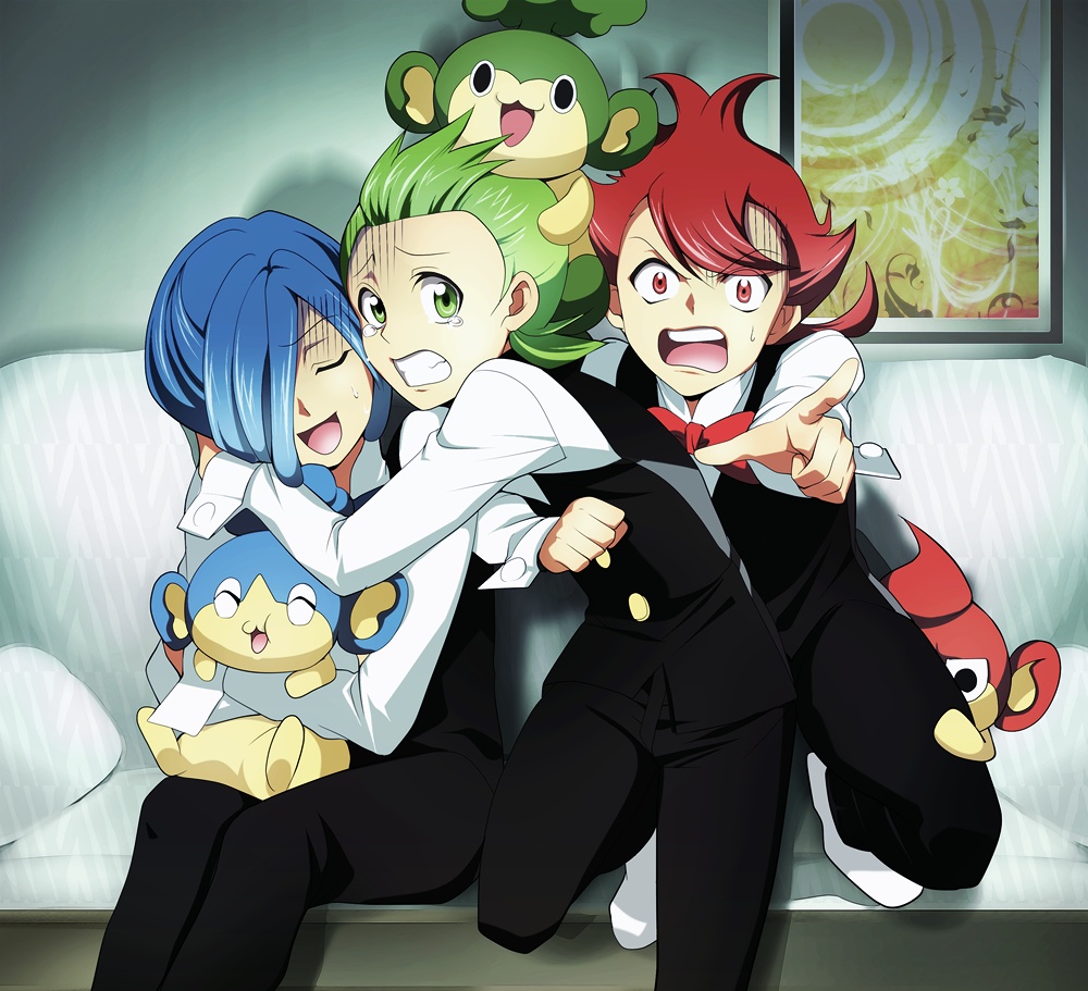 blue_hair brothers closed_eyes corn_(pokemon) dent_(pokemon) eyes_closed green_eyes green_hair gym_leader hair_over_one_eye hirococo hirococo_(hakka) male multiple_boys panpour pansage pansear pod_(pokemon) pokemon pokemon_(game) pokemon_black_and_white pokemon_bw red_eyes red_hair redhead short_hair siblings tears triplets you_gonna_get_raped