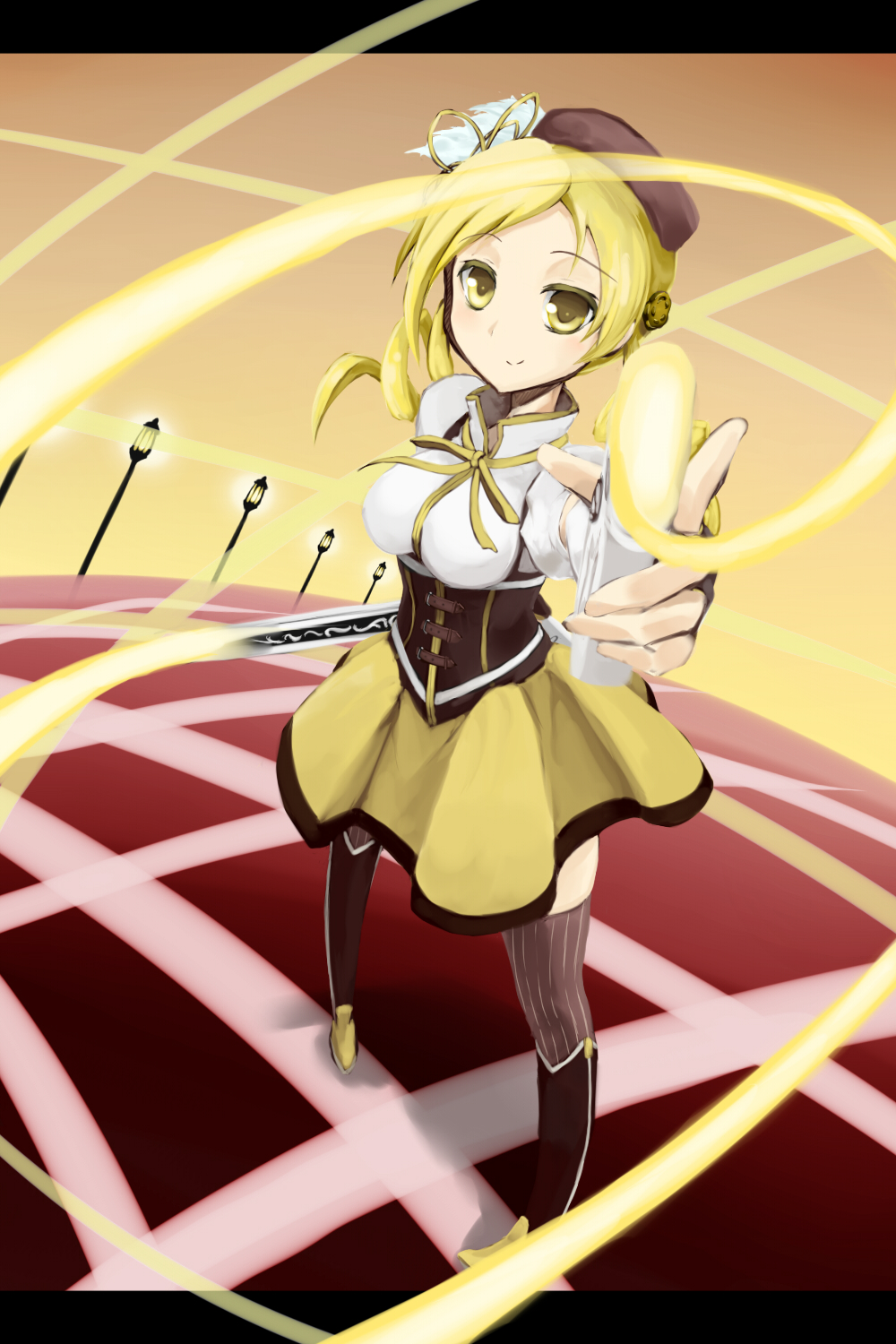 aiming_at_viewer beret blonde_hair boots border breasts brown_legwear corset detached_sleeves drill_hair dual_wielding fingerless_gloves foreshortening gloves gun hair_ornament hairpin hat highres lamppost large_breasts letterboxed light_smile looking_at_viewer magical_girl magical_musket mahou_shoujo_madoka_magica perspective pigeon-toed pigeon_toed pleated_skirt pov_aiming puffy puffy_sleeves ribbon rifle skirt sleeves smile solo standing taut_shirt thigh-highs thighhighs tomoe_mami tumikaze twin_drills vertical-striped_legwear vertical_stripes weapon yellow_eyes zettai_ryouiki