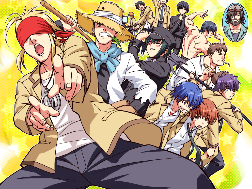 axe char_(angel_beats!) computer cuffs fujimaki_(angel_beats!) handcuffs hat hinata_(angel_beats!) inset left_out male manly matsushita naoi_ayato noda_(angel_beats!) not_present ooyama_(angel_beats!) otonashi_(angel_beats!) saitou_(angel_beats!) school_uniform takamatsu takeyama_(angel_beats!) tk_(angel_beats!) weapon zen