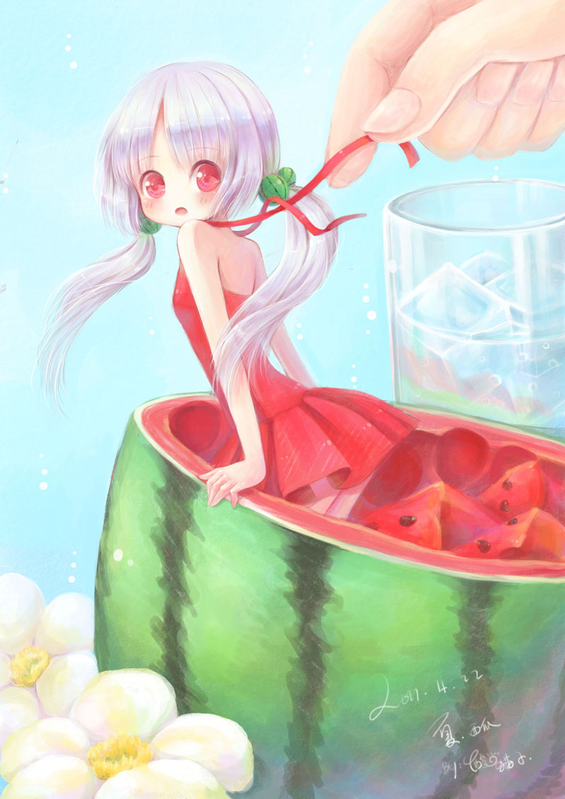 copyright_request dress fingers flower food food_themed_clothes fruit girl_in_food glass hair_bobbles hair_ornament halterneck ice_cube in_food long_hair minigirl neck_ribbon red_dress red_eyes ribbon sanmi_tenten solo twintails untying water watermelon