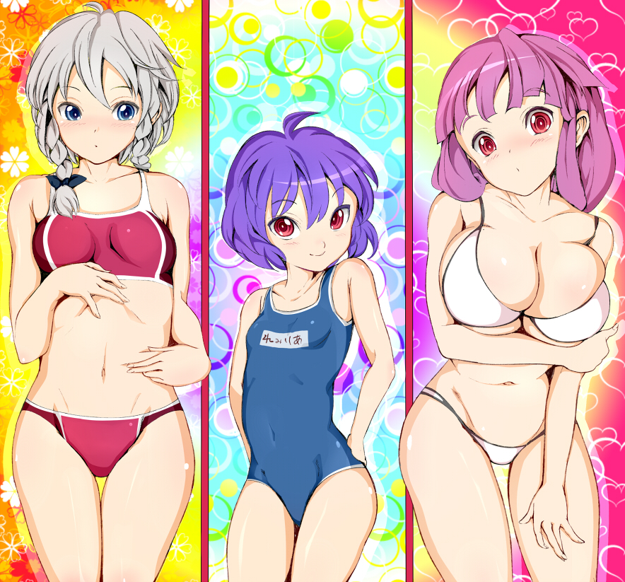 bare_shoulders bikini blue_eyes blush braid breast_hold breasts cleavage curvy flat_chest height_difference izayoi_sakuya large_breasts lavender_hair leaning_forward long_hair midriff mound_of_venus multiple_girls navel no_hat one-piece_swimsuit patchouli_knowledge purple_eyes purple_hair remilia_scarlet reri school_swimsuit short_hair silver_hair size_difference skindentation smile swimsuit touhou twin_braids violet_eyes