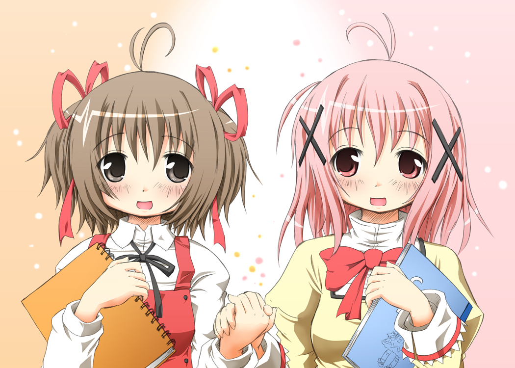 ahoge alternate_hairstyle black_eyes blush bow brown_hair chima company_connection cosplay costume_switch creator_connection crossover hair_ribbon hand_holding hidamari_sketch holding_hands kaname_madoka kaname_madoka_(cosplay) mahou_shoujo_madoka_magica multiple_girls open_mouth pink_eyes pink_hair ribbon sakuraebi sakuraebi_chima school_uniform shaft short_hair short_twintails twintails yuno yuno_(cosplay)