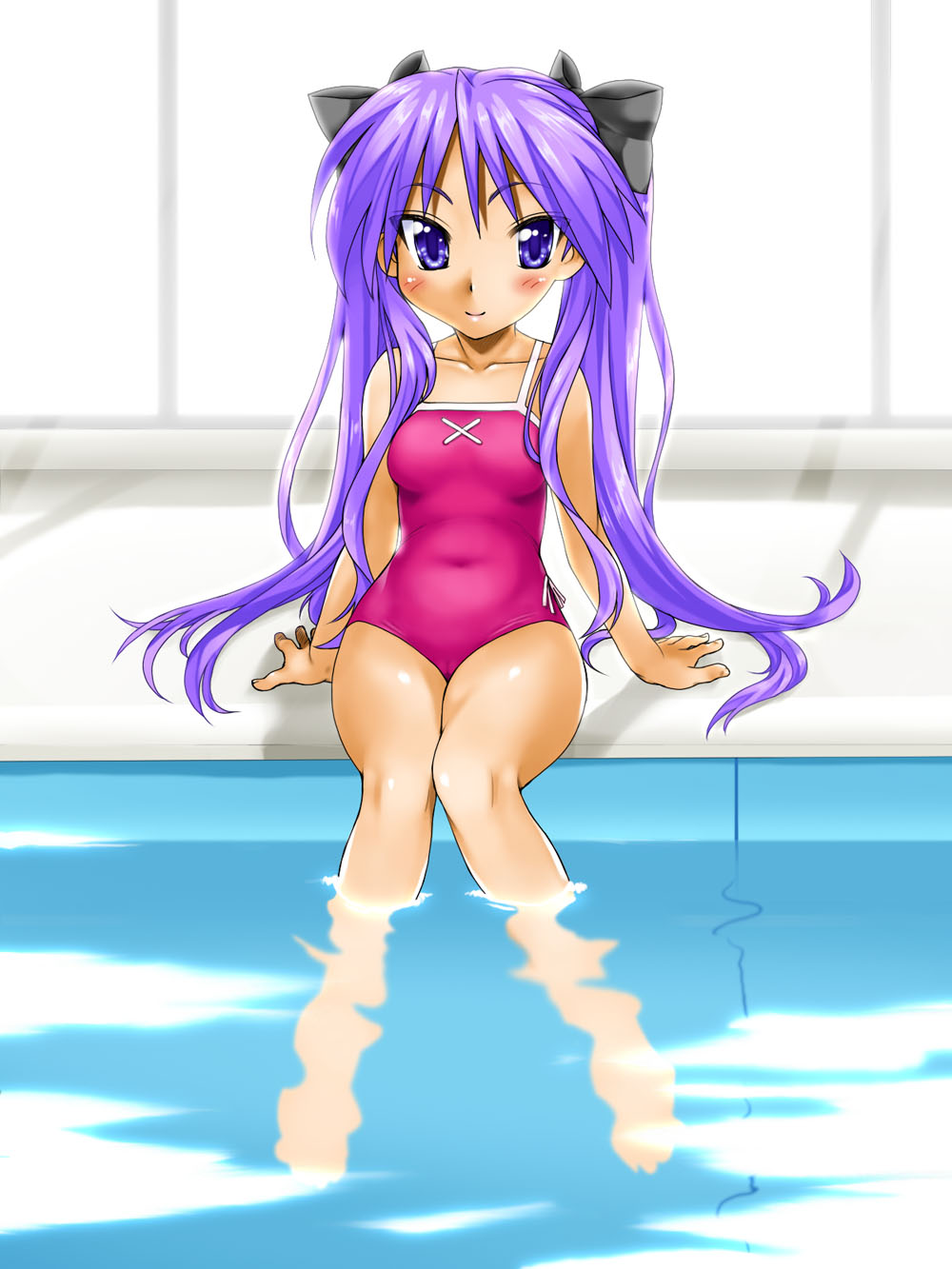 blue_eyes casual_one-piece_swimsuit feet_in_water highres hiiragi_kagami kamia_(not_found) long_hair lucky_star not_found_(artist) one-piece_swimsuit pool poolside purple_hair soaking_feet swimsuit twintails very_long_hair water