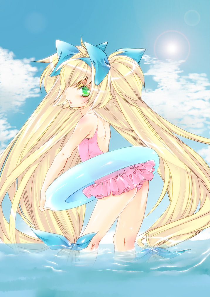 blazblue blonde_hair blush bow casual_one-piece_swimsuit cloud colored_eyelashes frilled_swimsuit frills green_eyes hair_bow hair_ribbon innertube ishitsuki_merokoa kneepits long_hair looking_back low-tied_long_hair one-piece_swimsuit platinum_the_trinity quad_tails ribbon sky solo swimsuit twintails two_side_up very_long_hair water