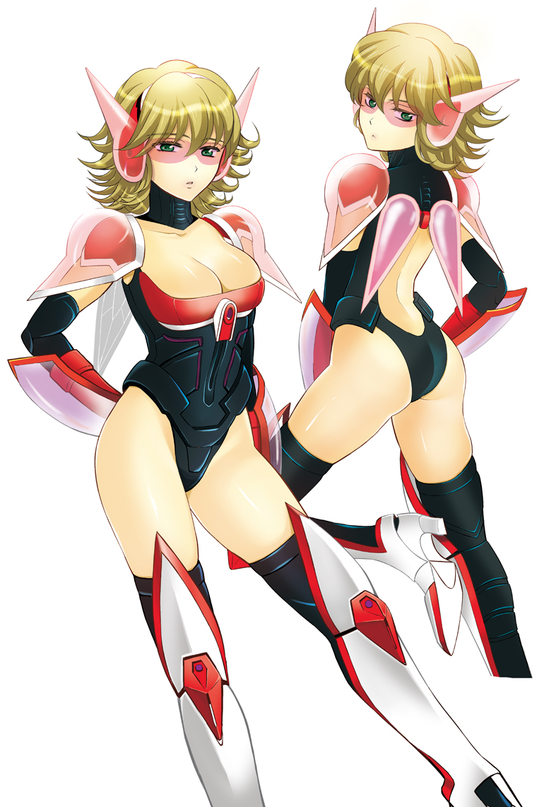 ass bad_id barnaby_brooks_jr blonde_hair boots breasts cleavage genderswap glasses green_eyes large_breasts legs nagi_mayuko power_armor superhero thigh-highs thigh_boots thighhighs tiger_&amp;_bunny