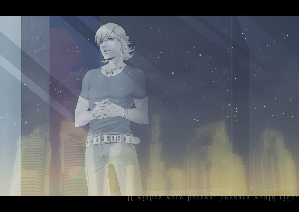 barnaby_brooks_jr belt blonde_hair glasses green_eyes jewelry letterboxed male necklace sharp_rainy712 solo studded_belt t-shirt tiger_&amp;_bunny window