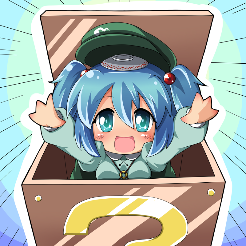 ? block blue_eyes blue_hair blush_stickers box chibi girl_in_a_box hair_bobbles hair_ornament happy hat in_box in_container jinnouchi_akira kawashiro_nitori key object_on_head saucer solo touhou twintails