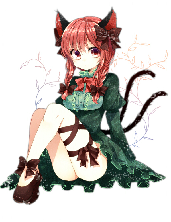 animal_ears bad_id bare_legs bowtie braid cat_ears cat_tail kaenbyou_rin kanzaki_maguro legs long_hair looking_at_viewer maguro_(gulen-x) multiple_tails no_panties no_socks pumps red_eyes red_hair redhead ribbon simple_background sitting solo tail thigh_ribbon thighs touhou twin_braids
