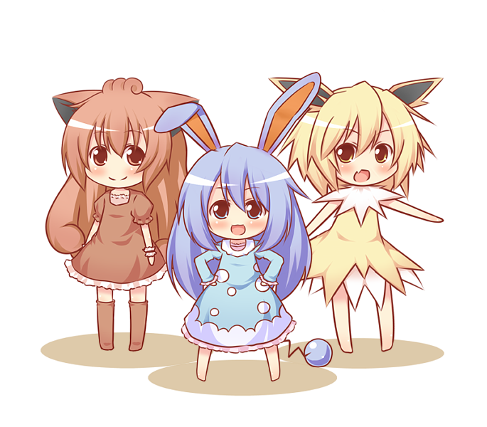 animal_ears azumarill blonde_hair blue_eyes blue_hair blush_stickers bunny_ears character_request chibi dress fang hands_on_hips jolteon kohsan_ kousa_(black_tea) long_hair moemon multiple_girls open_mouth personification pokemon red_eyes red_hair redhead shadow simple_background smile tail vulpix wrist_cuffs yellow_eyes