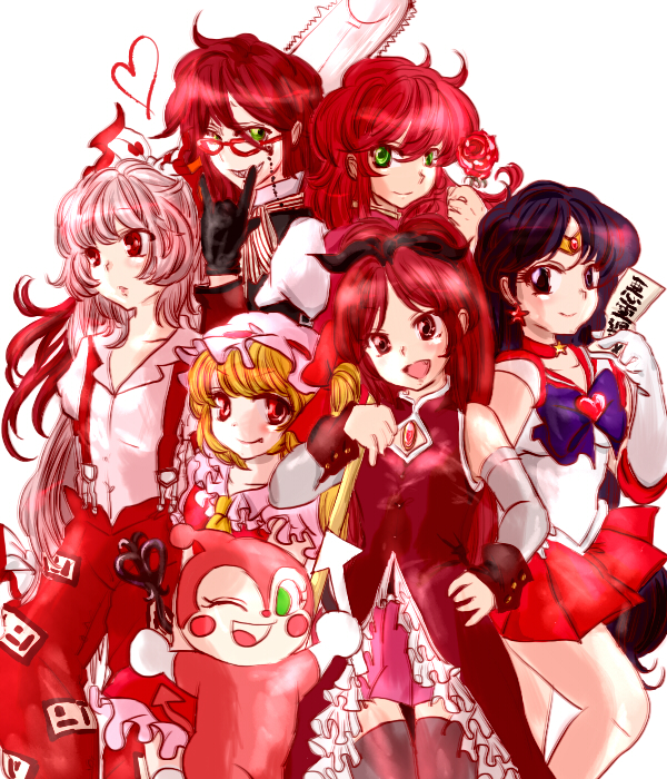 anpanman bishoujo_senshi_sailor_moon character_request color_connection crossover dokin-chan dokinchan flandre_scarlet flower fujiwara_no_mokou green_eyes grell_sutcliff heart hino_rei komaku_juushoku konac kurama kuroshitsuji laevatein magical_girl mahou_shoujo_madoka_magica multiple_girls ofuda red red_hair redhead rose sailor_mars sakura_kyouko touhou white_background wink yu_yu_hakusho yuu_yuu_hakusho