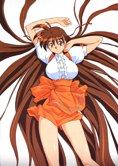 anna_miller arms_up breasts brown_eyes brown_hair dress large_breasts long_hair orange_dress simple_background skirt solo takeuchi_yuka variable_geo very_long_hair waitress