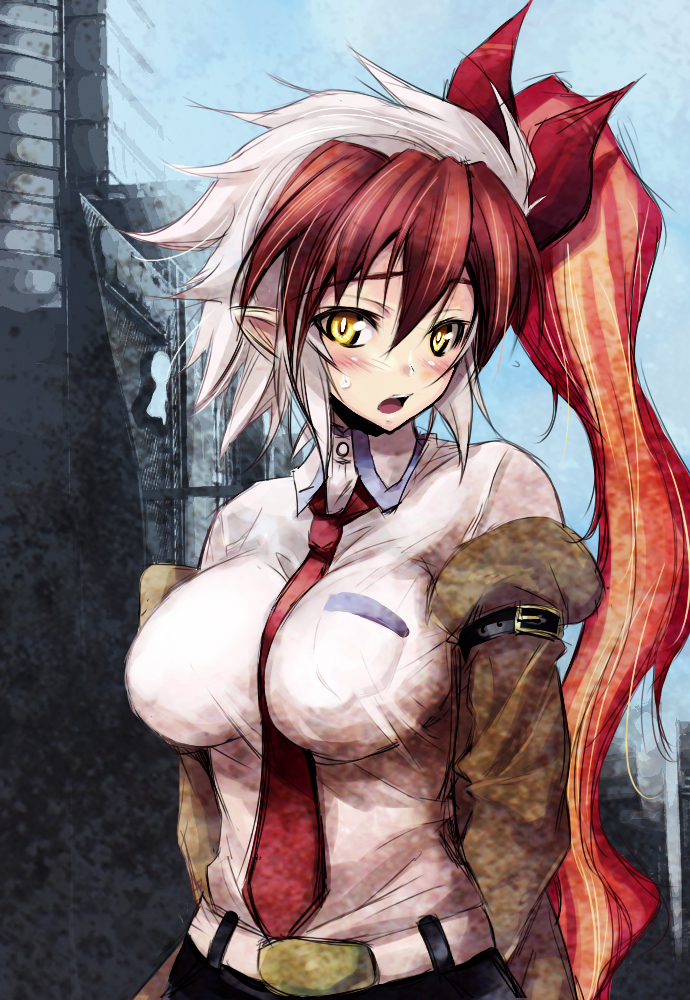 between_breasts breasts cosplay face fukai_ryosuke fukai_ryousuke impossible_clothes impossible_clothing impossible_shirt infernape large_breasts makise_kurisu makise_kurisu_(cosplay) multicolored_hair necktie personification pokemon shirt side_ponytail solo steins;gate