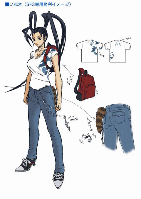 antenna_hair bag black_hair breasts casual concept_art high_heels ibuki jeans kunai large_breasts long_hair ponytail raccoon_tail shoes sneakers street_fighter street_fighter_iv t-shirt tail weapon