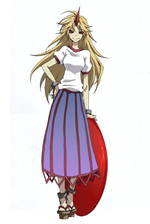 anime_coloring blonde_hair hand_on_hip hips horn hoshiguma_yuugi long_hair long_skirt mihaya_(a-ta-i) red_eyes sakazuki sandals simple_background skirt solo standing t-shirt touhou