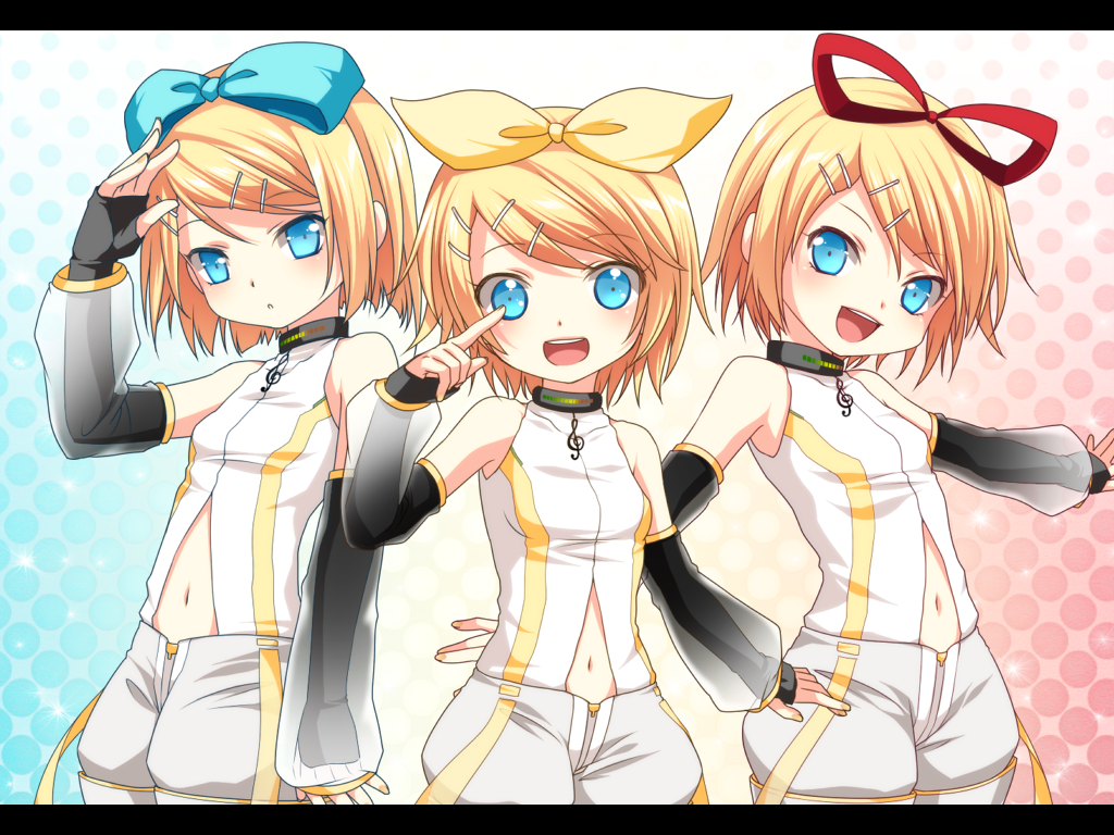 arm_warmers blonde_hair blue_eyes choker detached_sleeves hair_bow hair_ornament hair_ribbon hairclip headphones jyuru kagamine_rin kagamine_rin_(append) letterboxed midriff multiple_persona navel navel_cutout open_mouth ribbon rin_append short_hair shorts smile vocaloid vocaloid_append