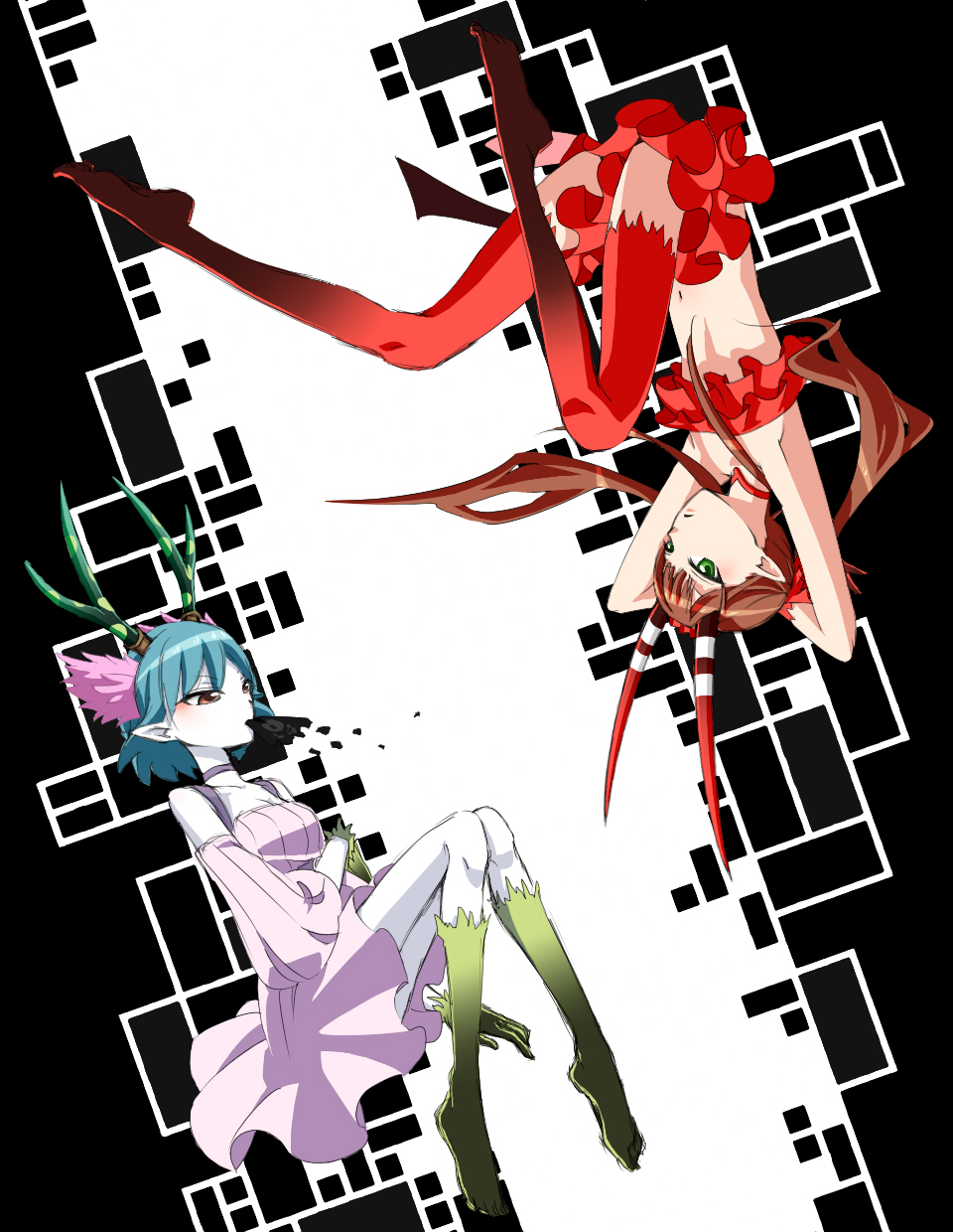 bare_shoulders blue_hair bob_cut c_(control) c_the_money_of_soul_and_possibility_control chess_01 choker dress duo flower frills gloves green_eyes hair_flower hair_ornament highres horns long_hair mashu mashu_(control) midriff navel pointy_ears q_(control) red_eyes short_hair skirt thigh-highs thighhighs tubetop twintails