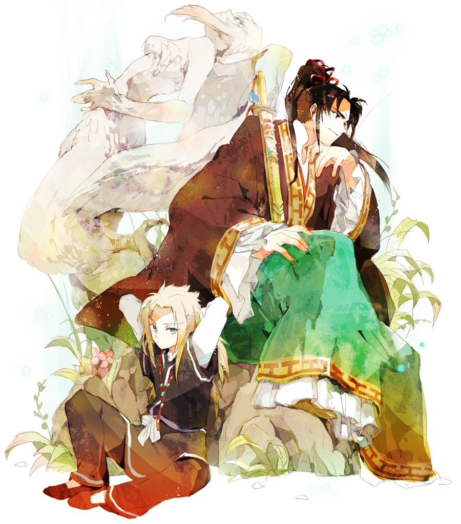 blonde_hair breasts chinese_clothes enki green_eyes hanfu juuni_kokuki king_en long_hair plant ponytail sword weapon yubari