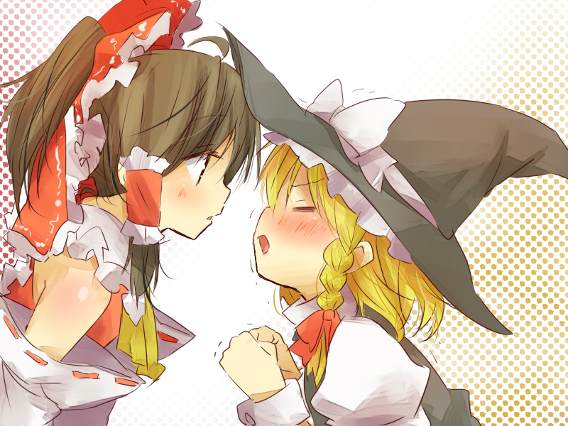 ascot black_dress blonde_hair blush bow braid brown_eyes brown_hair clenched_hands closed_eyes detached_sleeves dress eyes_closed face face-to-face face_to_face hair_bow hair_tubes hakurei_reimu hat ibaba incipient_kiss kirisame_marisa miko multiple_girls necktie open_mouth ponytail profile raised_fist red_dress shirt touhou trembling witch witch_hat yuri
