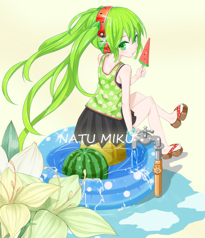 flower food food_themed_clothes from_behind fruit green_eyes green_hair hatsune_miku headphones long_hair looking_back popsicle sandals sitting skirt suika_bar twintails very_long_hair vocaloid wading_pool water watermelon watermelon_bar yato