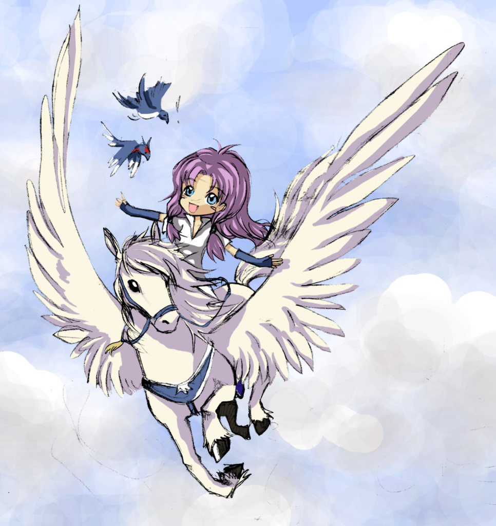 birds blue_eyes fire_emblem fire_emblem:_rekka_no_ken florina florina_(fire_emblem) long_hair pegasus pegasus_knight purple_hair sky wings
