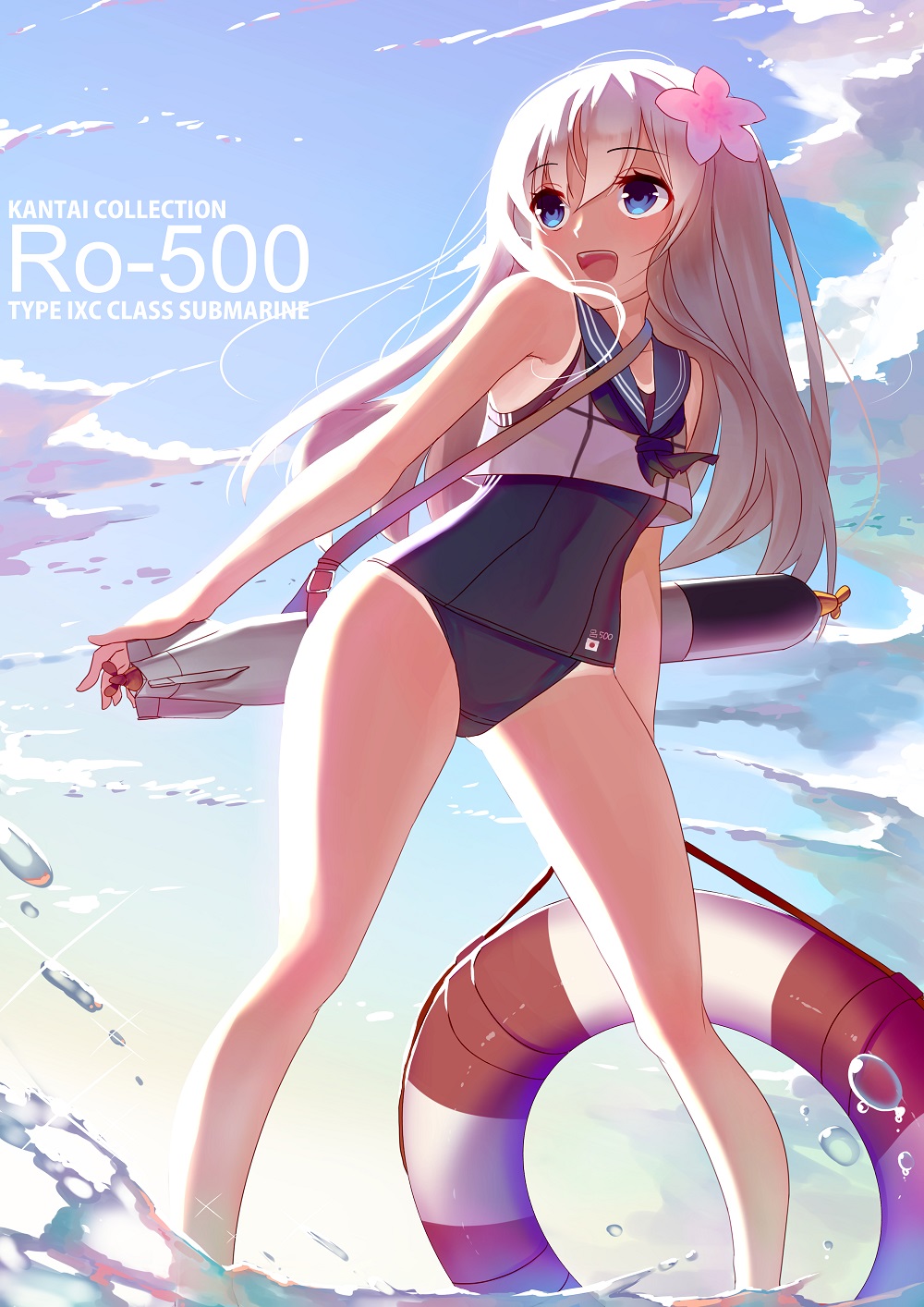 1girl :d blonde_hair blue_eyes character_name clouds crop_top flower hair_flower hair_ornament highres jun_project junp kantai_collection lifebuoy long_hair looking_to_the_side open_mouth ro-500_(kantai_collection) school_swimsuit smile solo sparkle swimsuit swimsuit_under_clothes tan tanline torpedo water