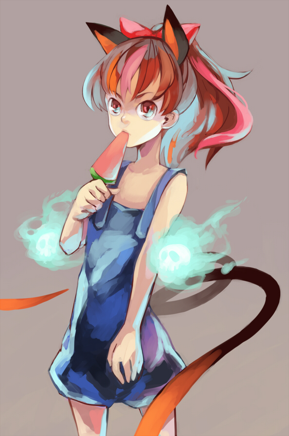 alternate_hairstyle animal_ears cat_ears cat_tail high_ponytail kaenbyou_rin kouko_(thorax) multiple_tails ponytail popsicle red_eyes red_hair redhead skull solo suika_bar tail touhou watermelon_bar