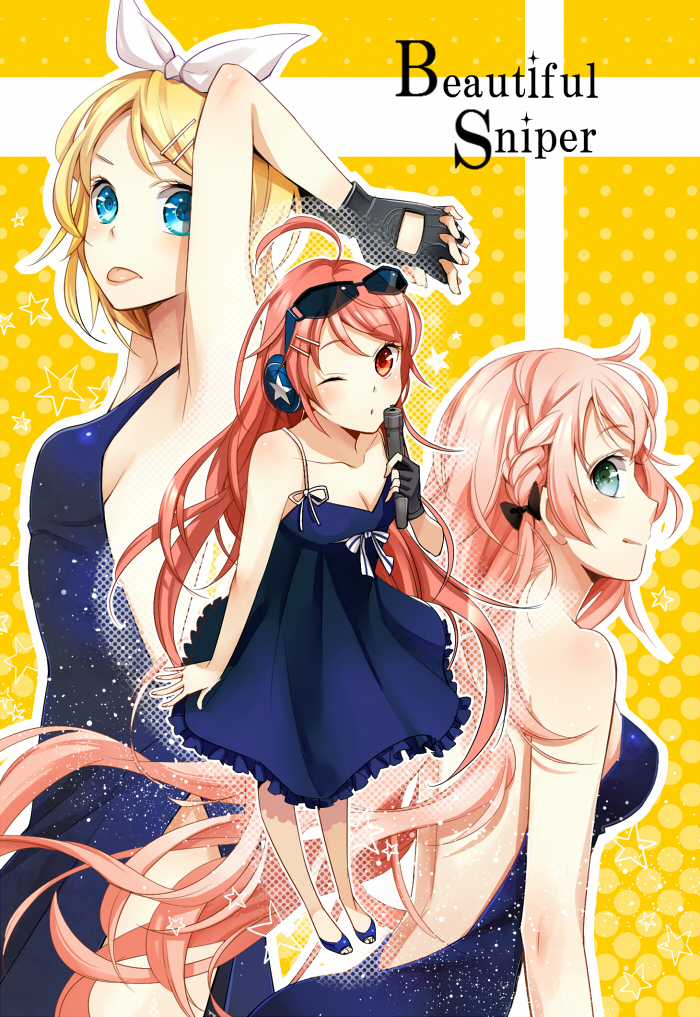 ahoge armpits bad_id bare_shoulders black_gloves blonde_hair blue_eyes bow dress fingerless_gloves from_behind gloves hair_ornament hairclip headphones kagamine_rin long_hair megurine_luka microphone miki miki_(vocaloid) multiple_girls pink_hair red_eyes red_hair redhead ribbon sf-a2_miki smile solo sunglasses text tongue vocaloid wink yunco