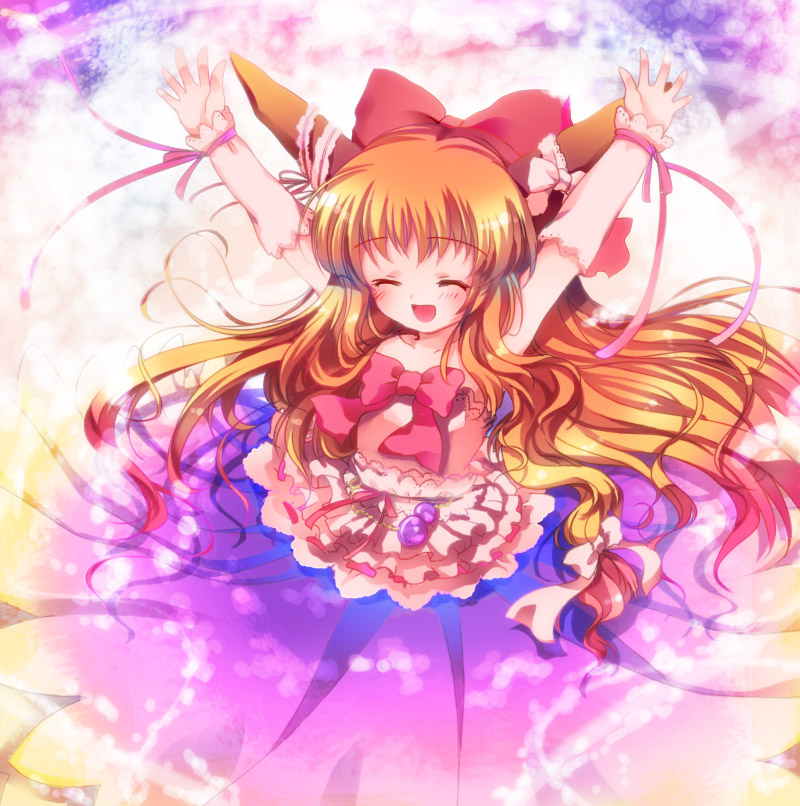 \o/ adapted_costume arms_up bow brown_hair closed_eyes gourd hair_bow hizukiryou horns ibuki_suika long_hair orange_hair outstretched_arms smile solo touhou very_long_hair