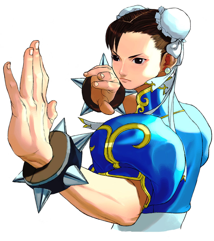 bun_cover capcom china_dress chinese_clothes chun-li double_bun earrings fighting_stance foreshortening hands ikeno_daigo jewelry official_art sash spiked_bracelet spikes street_fighter street_fighter_iii street_fighter_iii:_3rd_strike