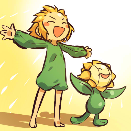 &gt;_&lt; blonde_hair blush_stickers closed_eyes cosplay flower hair hitec human male mimic moemon open_mouth outstretched_arms personification pokemon pokemon_(creature) pokemon_(game) pokemon_gsc short_hair smile spread_arms sunflora sunlight xd yellow_hair