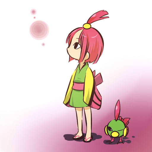 1girl cosplay female hitec human japanese_clothes looking_up moemon natu personification pokemon pokemon_(creature) pokemon_(game) pokemon_gsc red_hair redhead sandals wink